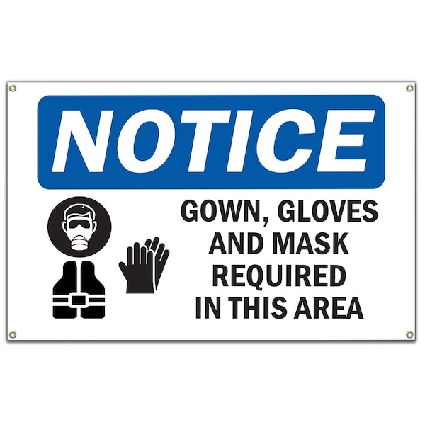 OSHA Notice Sign, NOTICE Gown Gloves And Mask Required In This Room, 60 in Banner, OS-NS-B-60-15746
